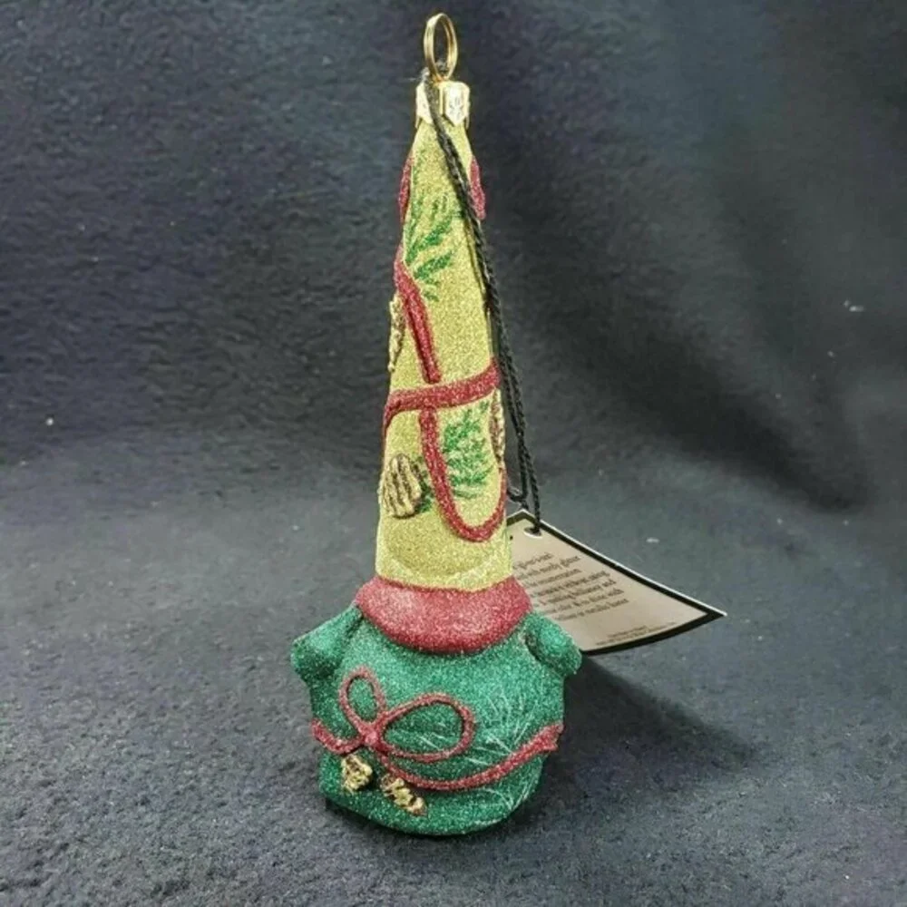 Glitterazzi‎ Joy To The World Golden Cone Gnome Christmas Ornament Glass Retired